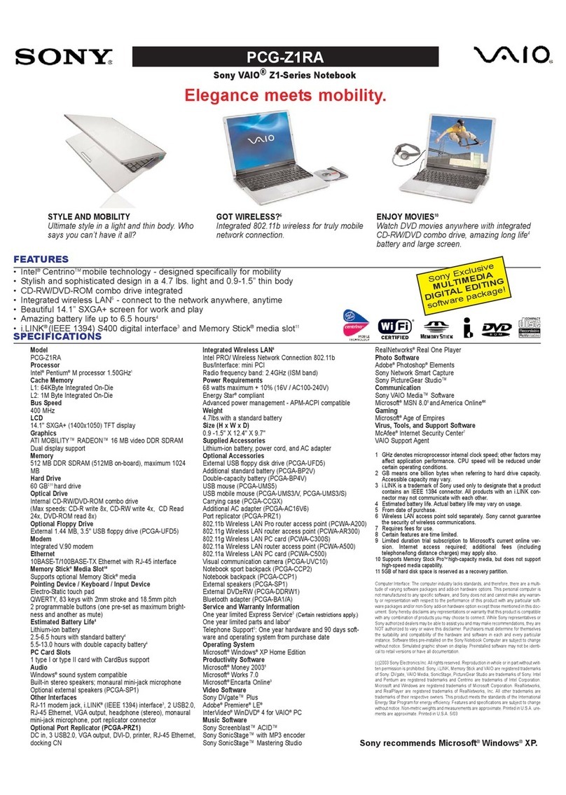 Sony PCG-Z1RA Marketing Specifications Sheet User manual