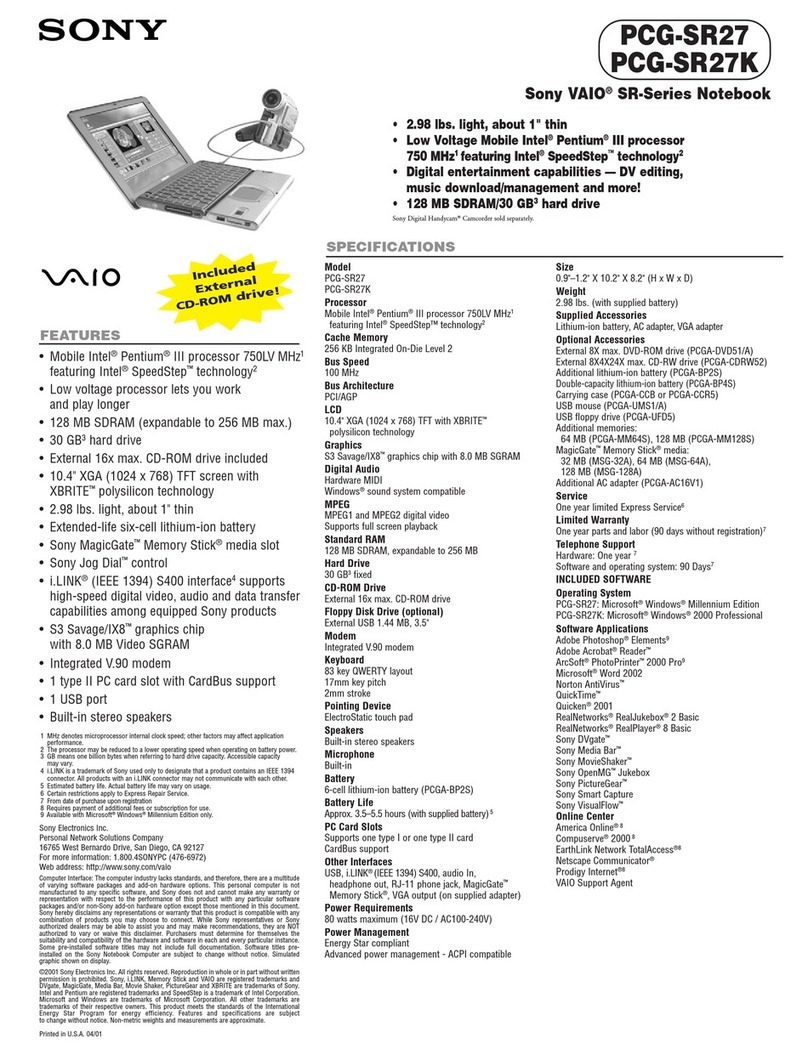 Sony VAIO PCG-SR27 Specifications