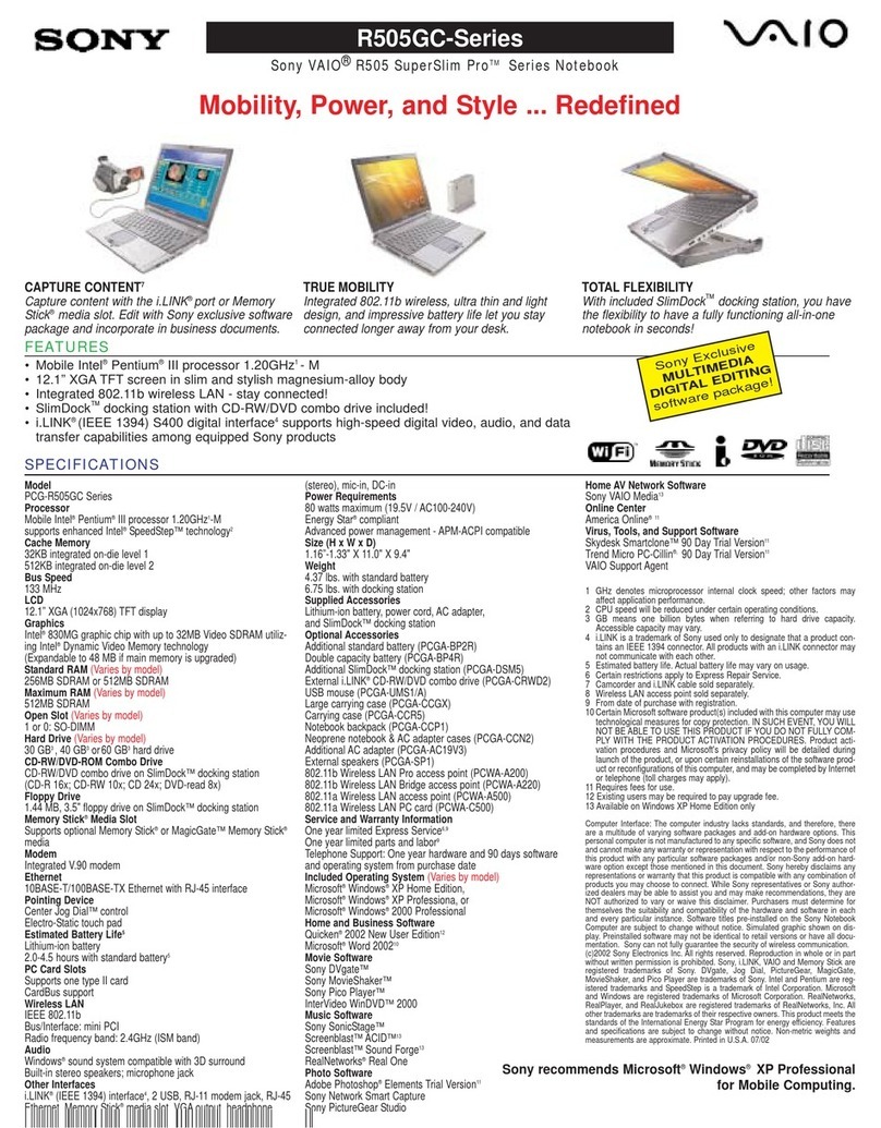 Sony VAIO SuperSlim Pro PCG-R505GC Series Specifications