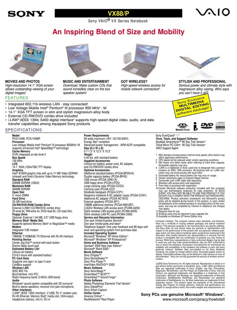 Sony PCG-VX88 VAIO User Guide  (primary manual) Specifications
