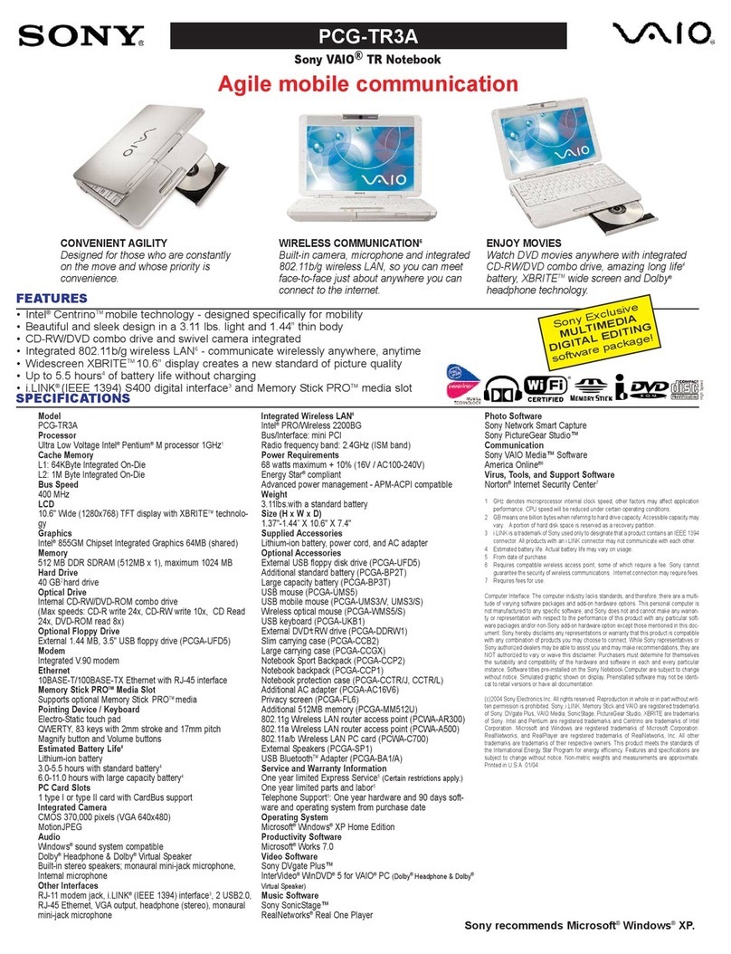 Sony VAIO PCG-TR3A Specifications