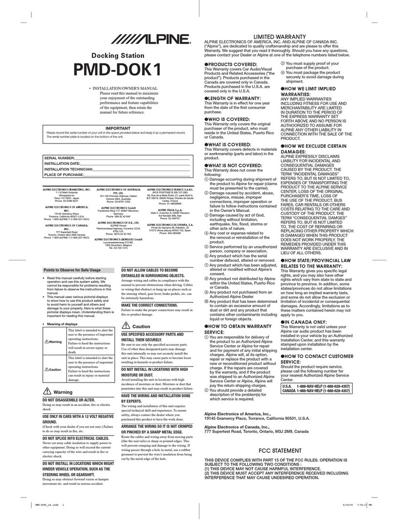 Alpine PMD-DOK1 Installation & owner's manual