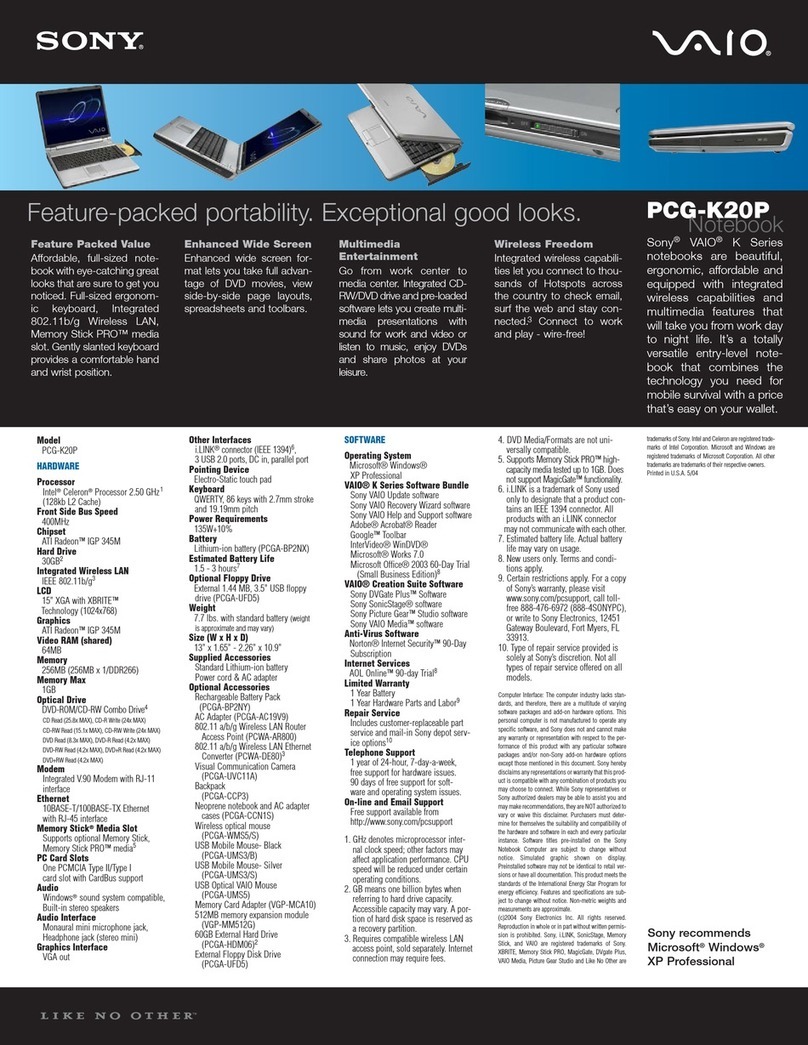 Sony PCG-K20P Marketing Specifications