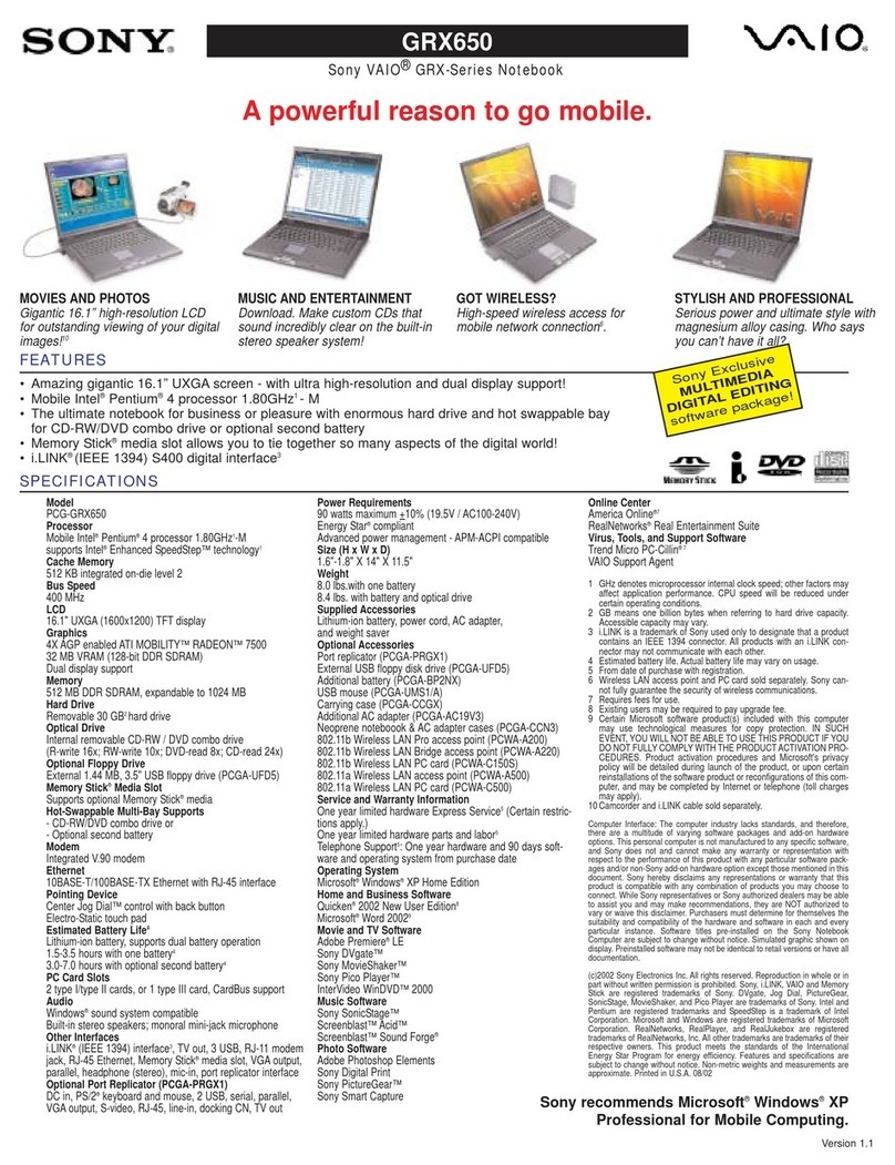 Sony VAIO PCG-GRX650 Specifications