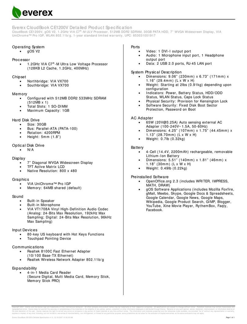 Everex CloudBook CE1200V Series Specifications