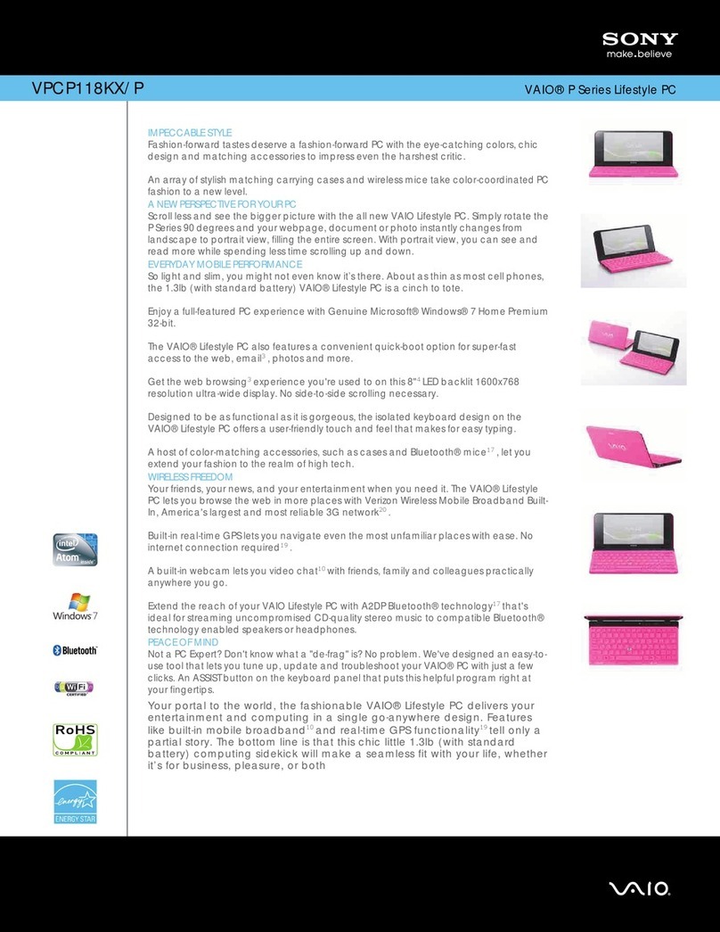 Sony VAIO VPCP118KX/P Specification sheet
