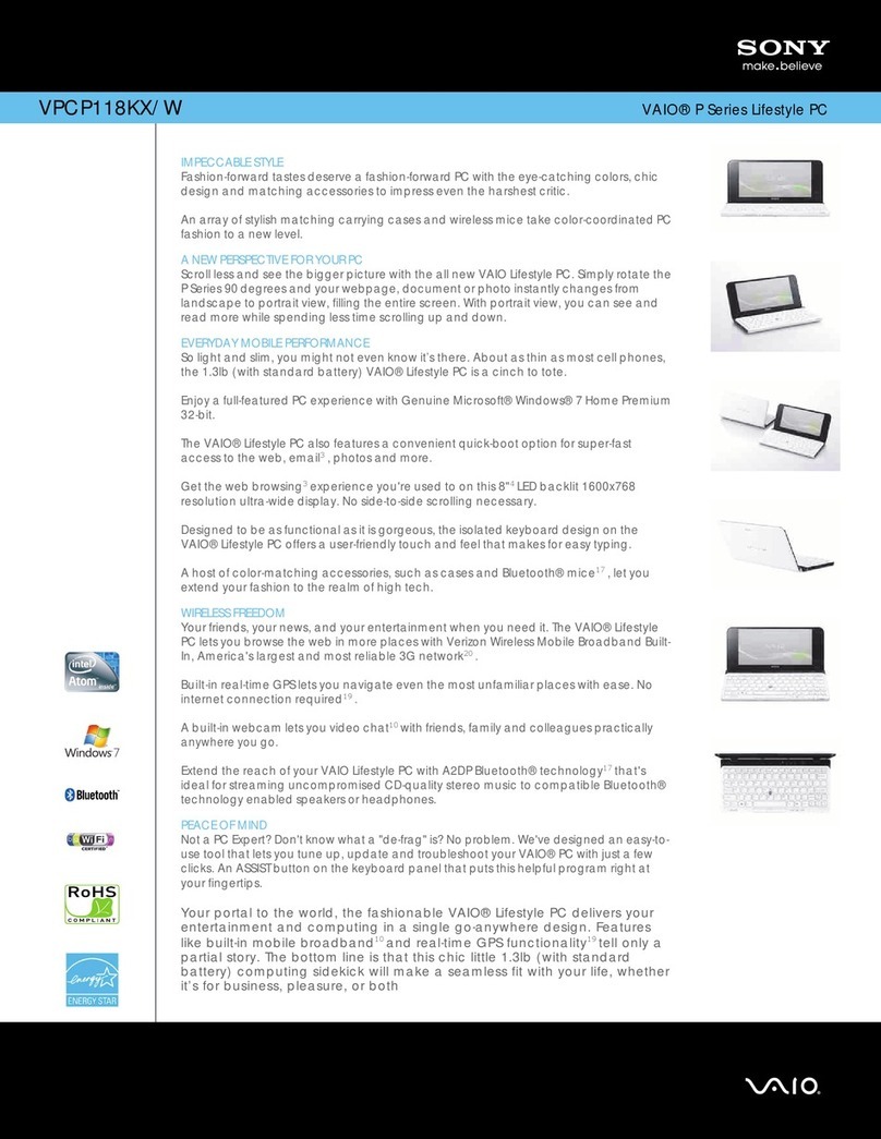 Sony VAIO VPCP118KX/W Specification sheet