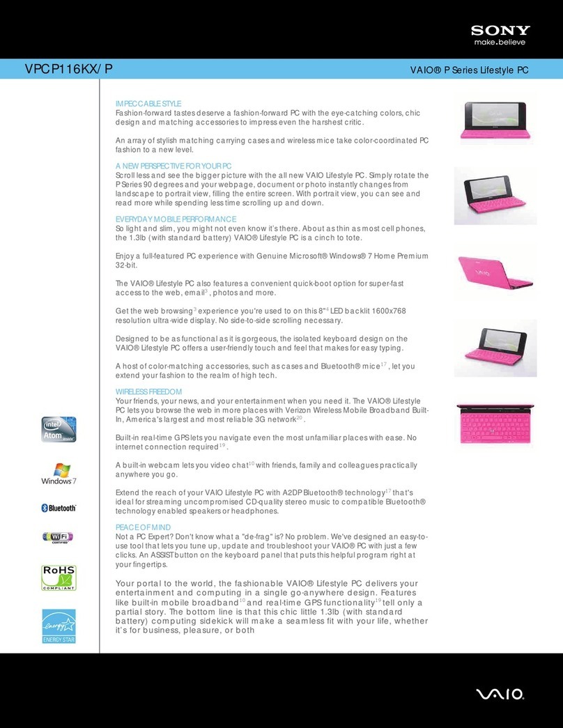 Sony VAIO VPCP116KX/P Specification sheet