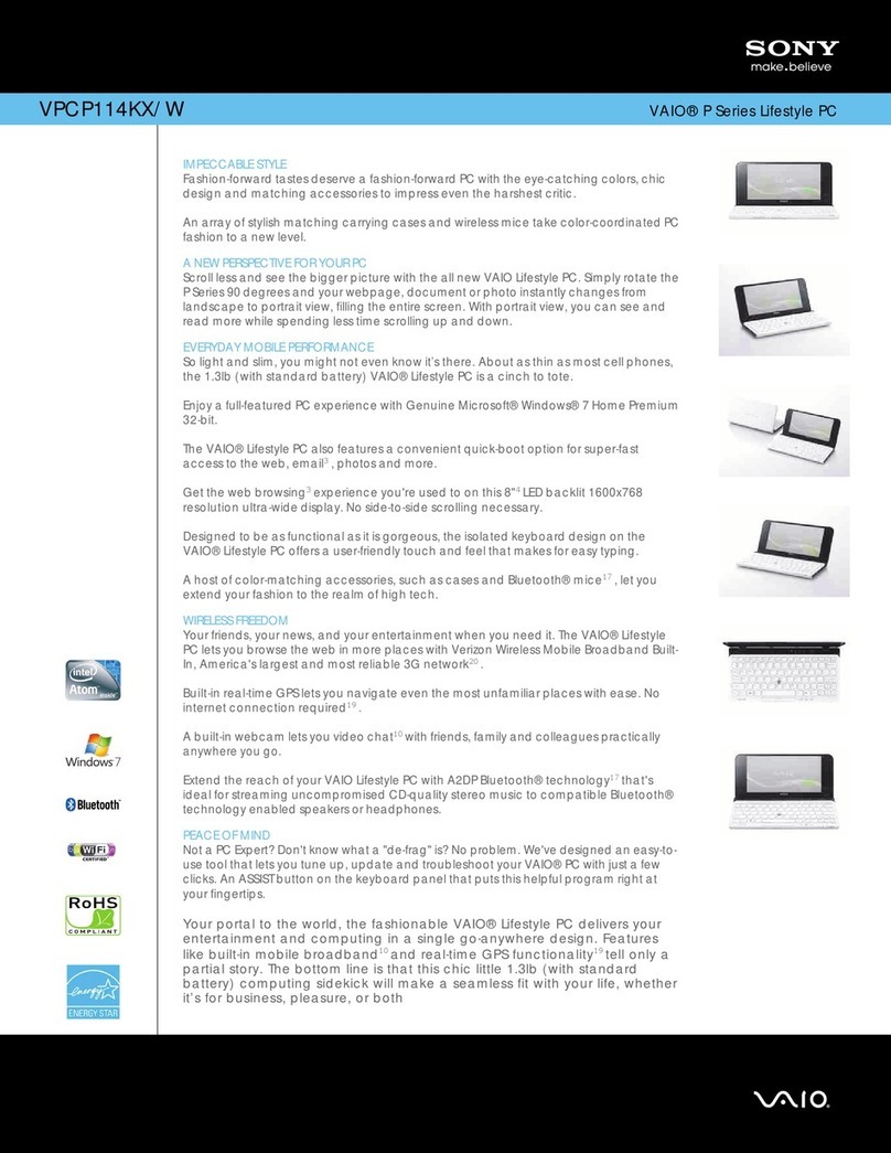 Sony VAIO VPCP114KX/W Specification sheet