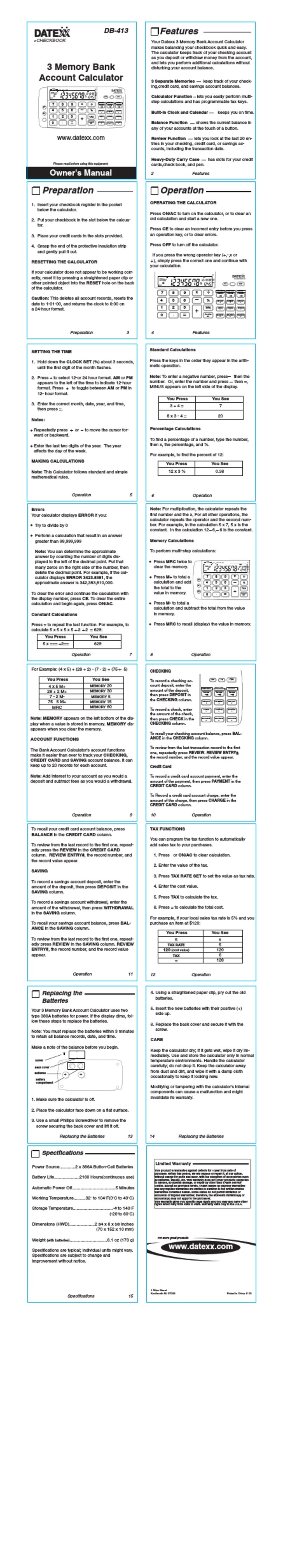 Datexx DB-413 User manual Datexx DB-413 User manual