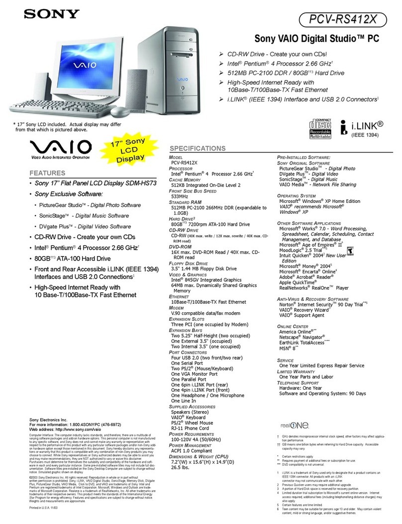 Sony PCV-RS412X - Vaio Desktop Computer User manual