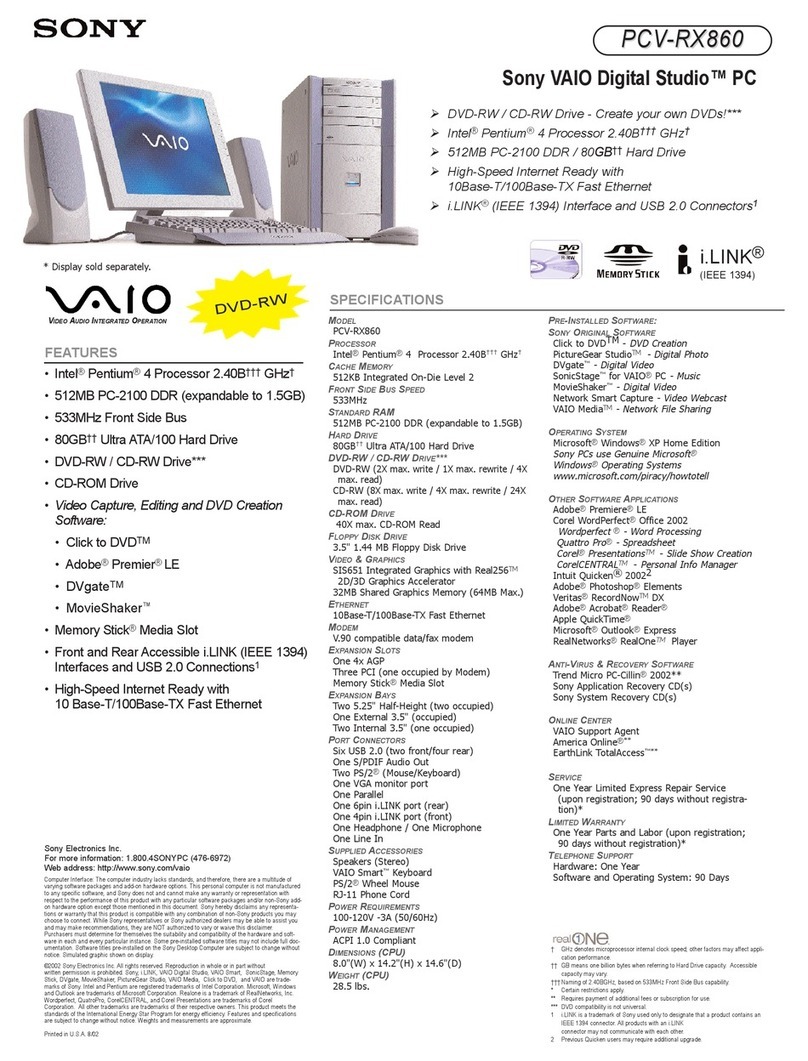 Sony VAIO Digital Studio PCV-RX860 Specifications