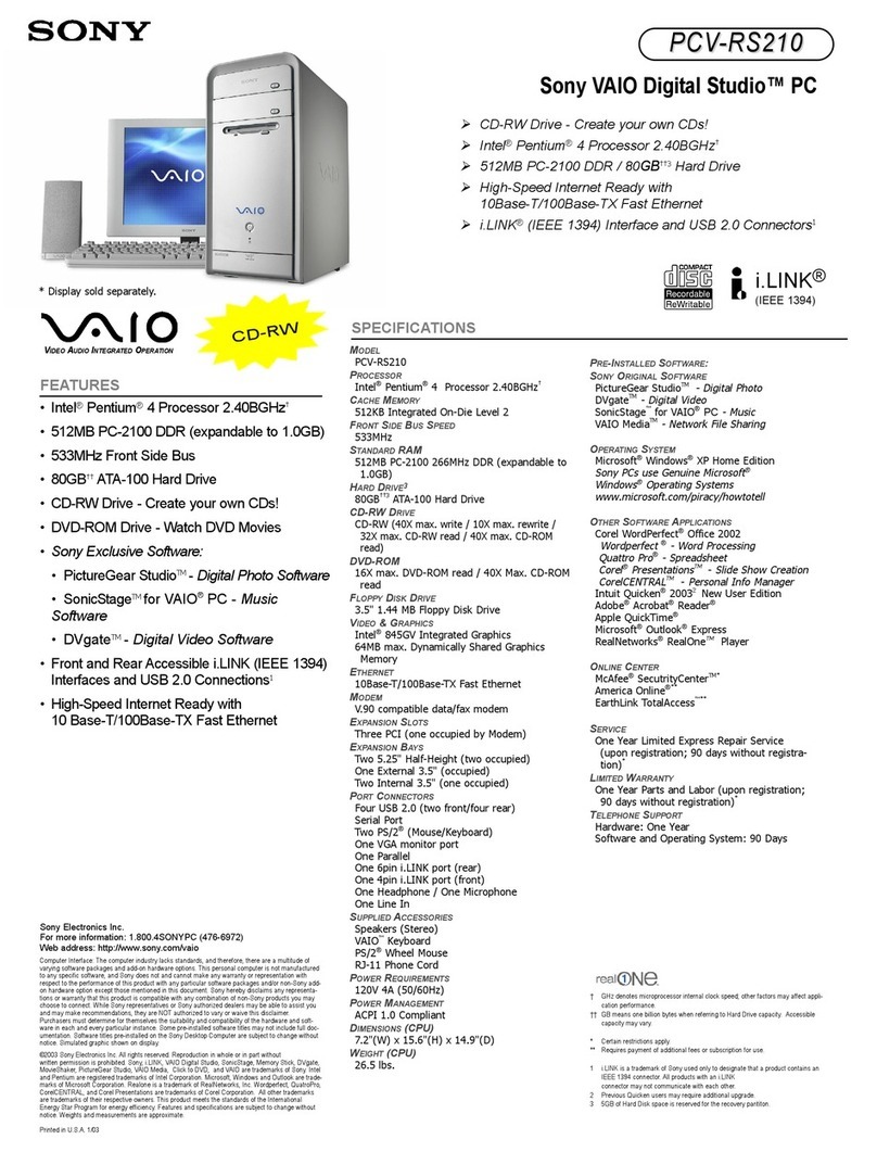 Sony PCV-RS210 - Vaio Desktop Computer User manual
