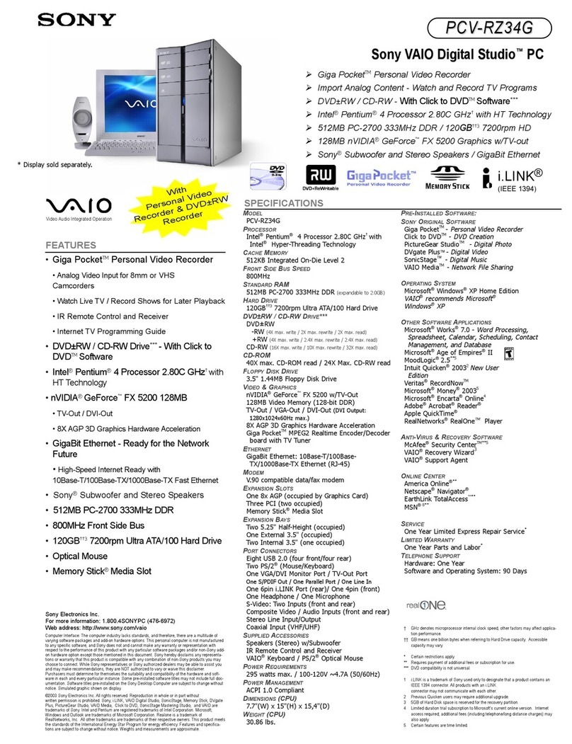 Sony VAIO Digital Studio PCV-RZ34G Specifications Sony VAIO Digital Studio PCV-RZ34G Specifications