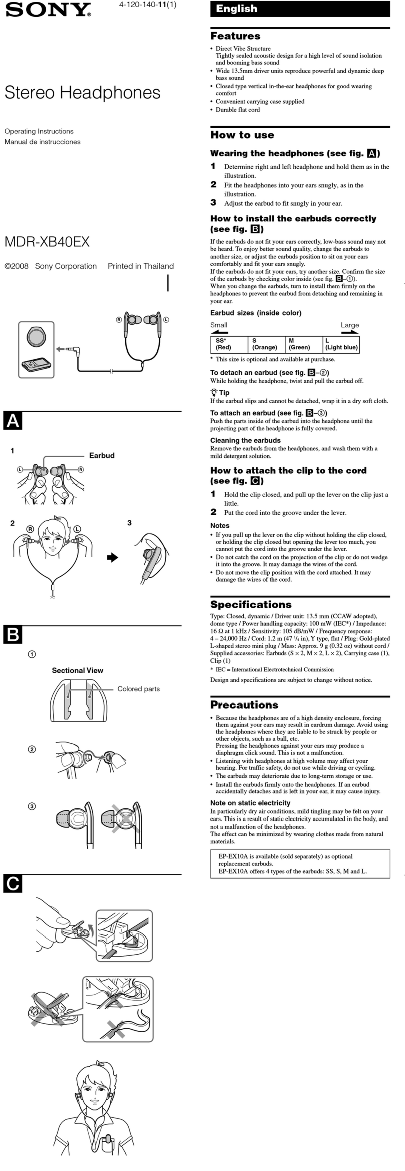 Sony MDR-XB40EX operating instructions