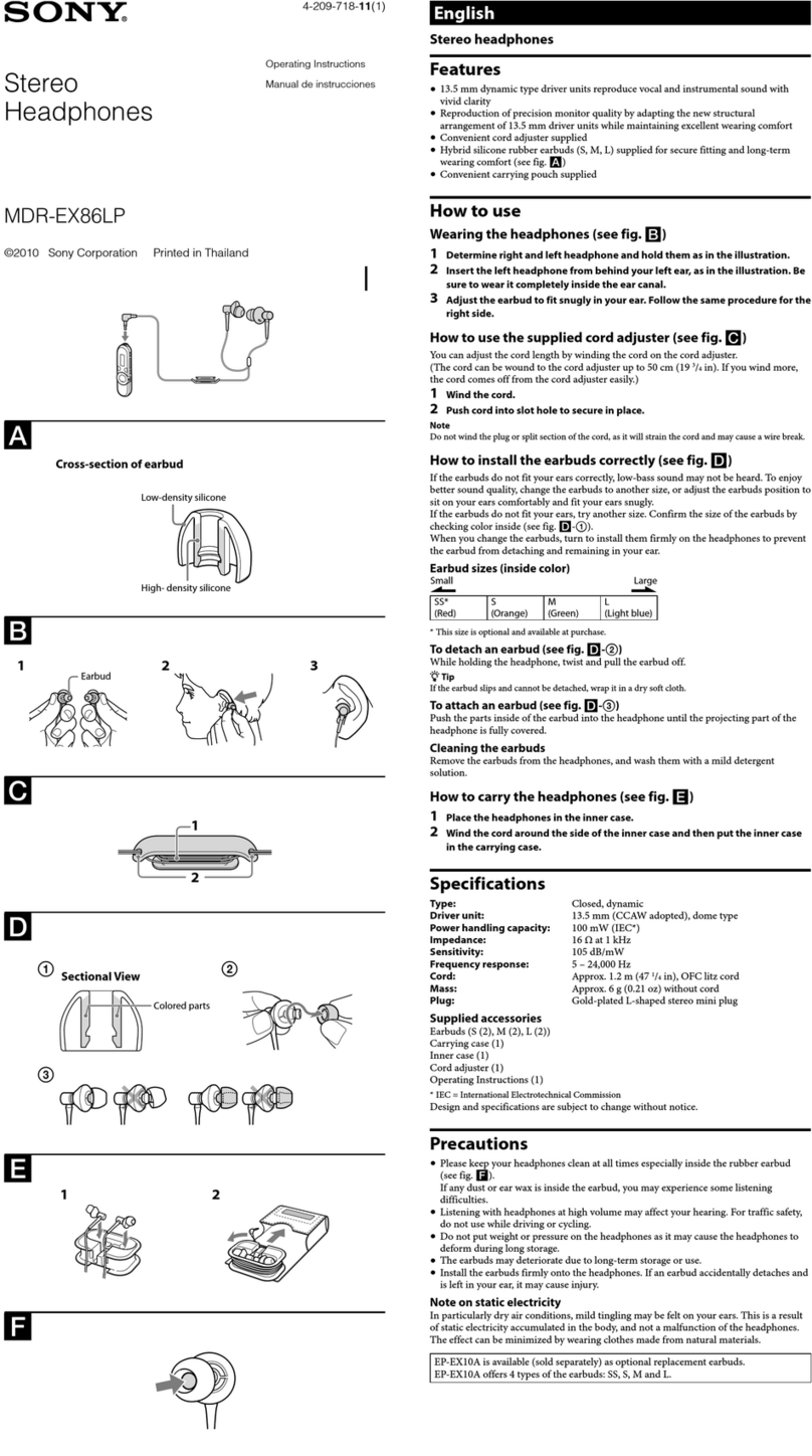 Sony MDR-EX86LP operating instructions