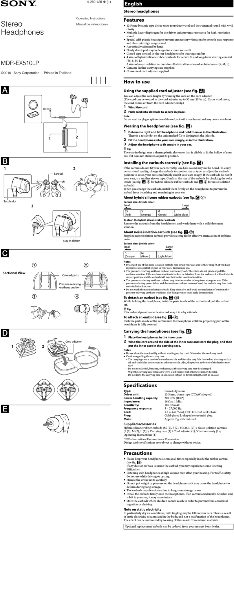 Sony MDR-EX510LP operating instructions
