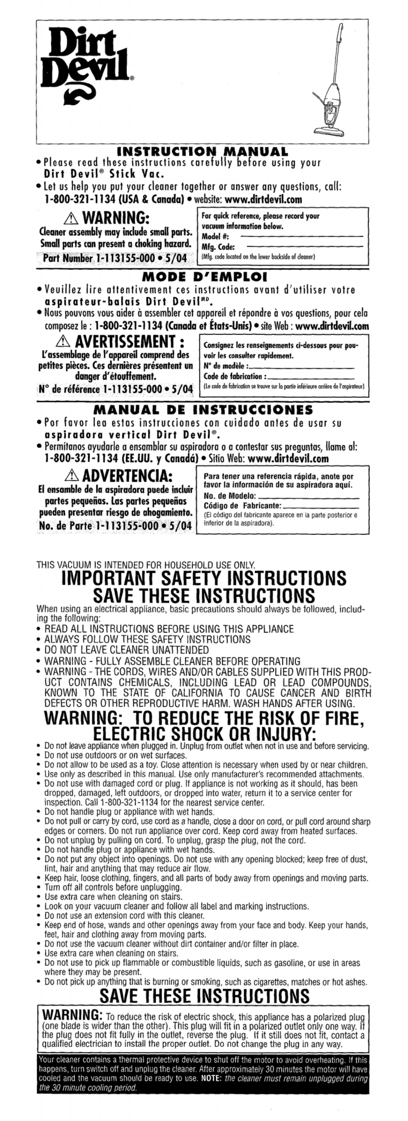 Dirt Devil M084100 User manual