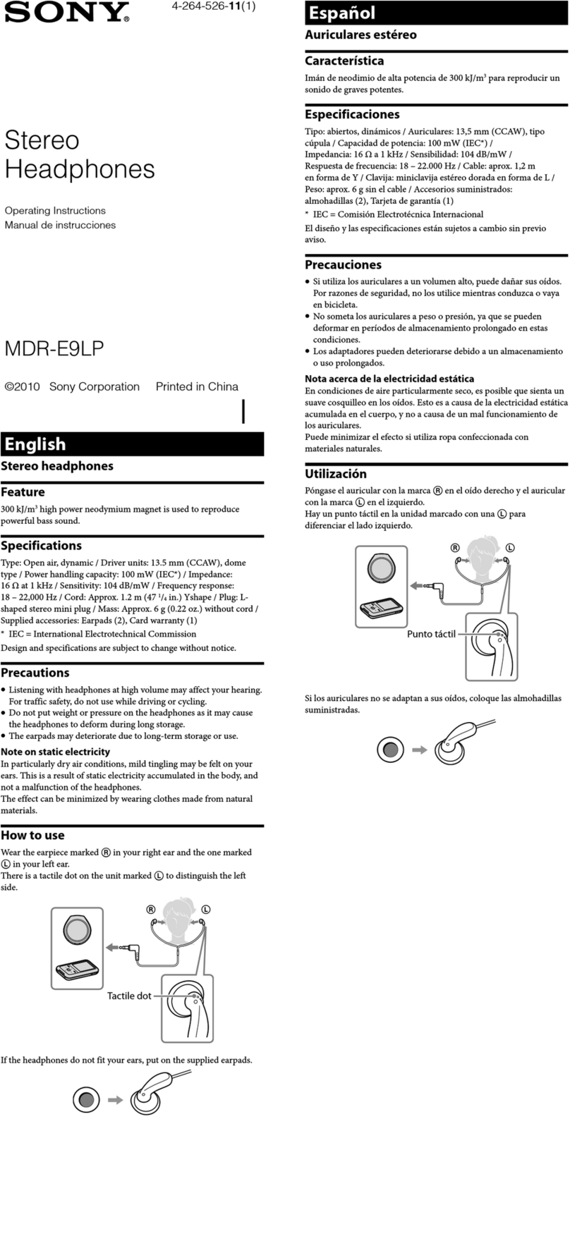 Sony MDR-E9LP operating instructions