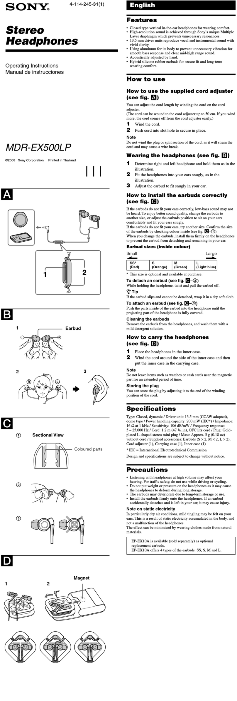 Sony MDR-EX500LP operating instructions