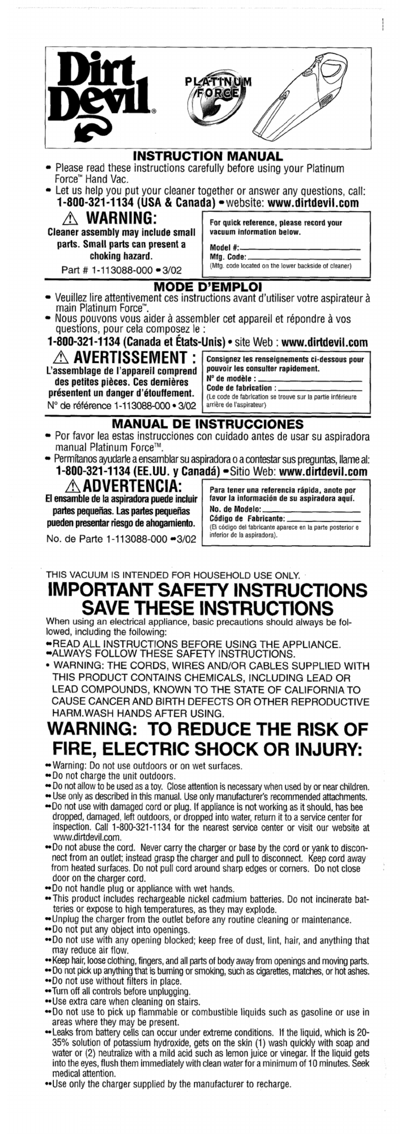 Dirt Devil Platinum Force M0890 User manual
