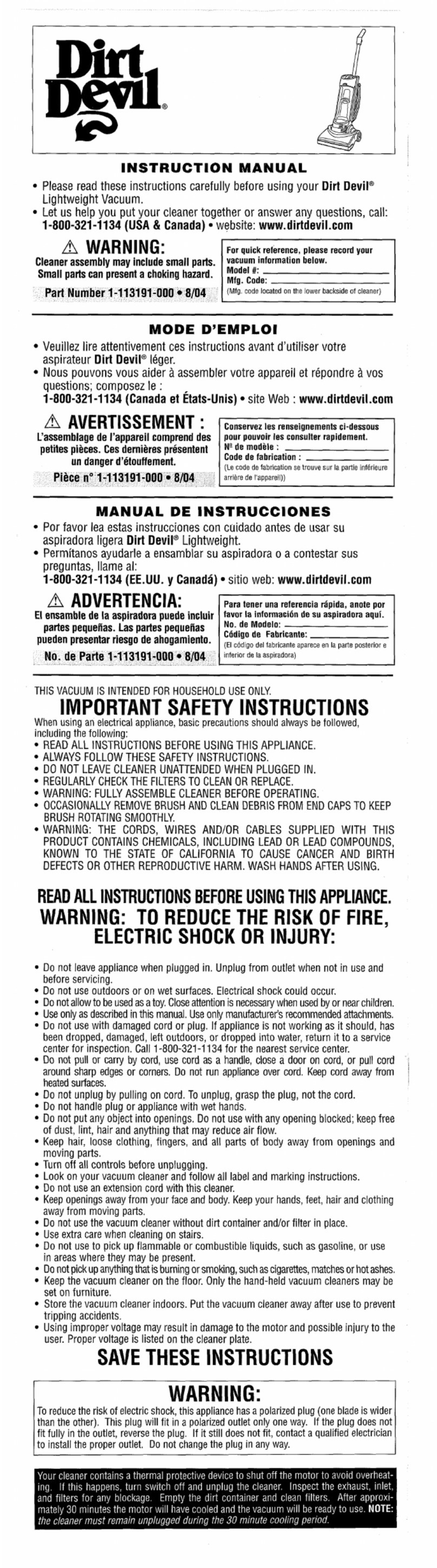 Dirt Devil R084600 instruction manual