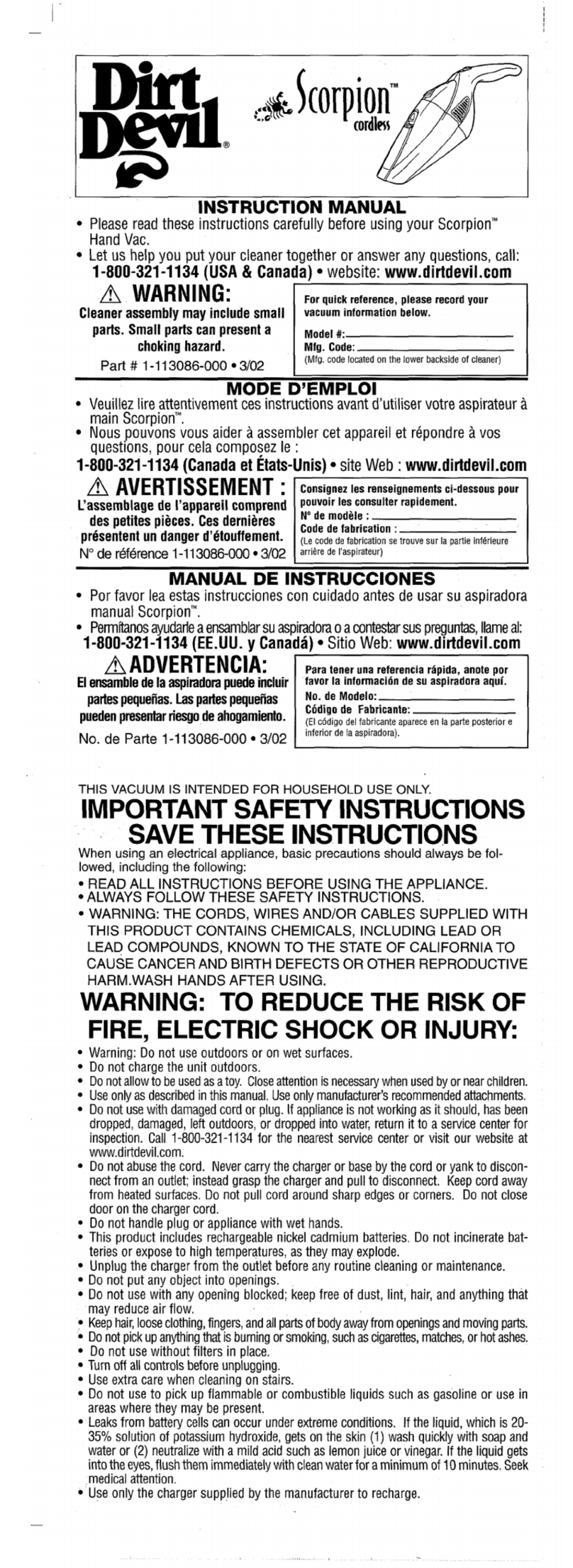 Dirt Devil M0886 User manual