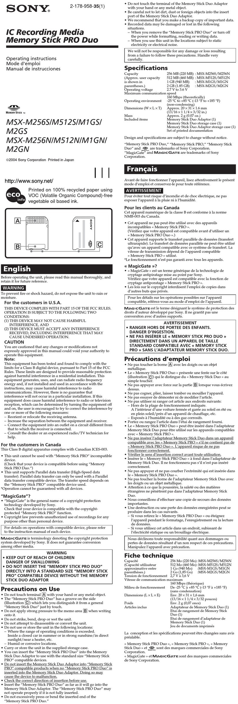 Sony MSX-M1GS Operating Instructions (Memory Stick... User manual