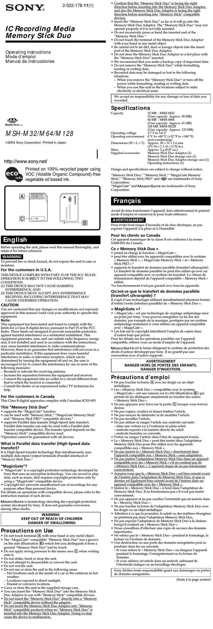 Sony MSH-M128A Operating Instructions (primary... operating instructions Sony MSH-M128A Operating Instructions (primary... operating instructions
