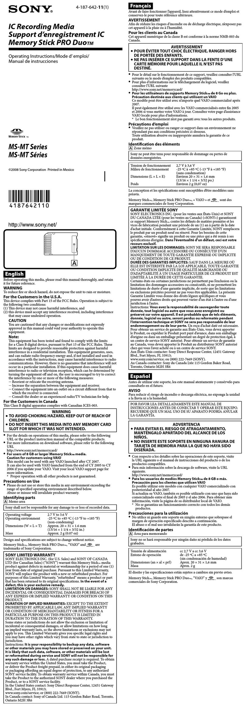 Sony MS-MT16G operating instructions