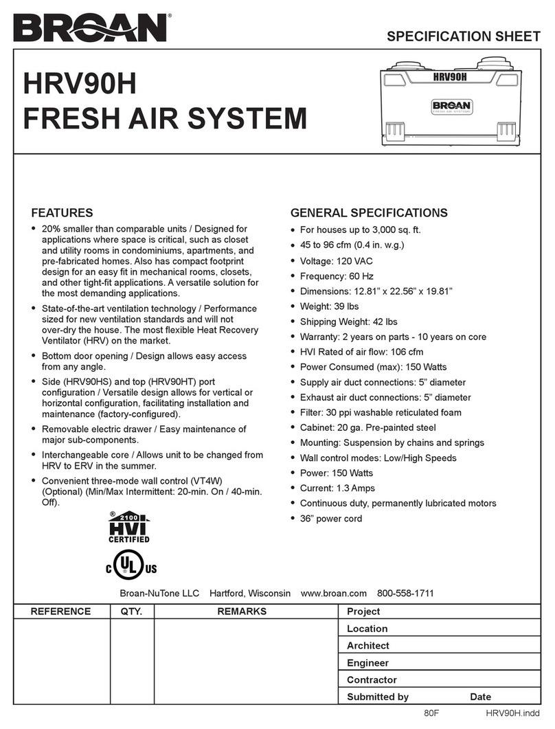 NuTone HRV90H Specification sheet