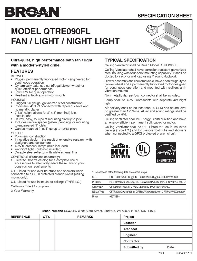 NuTone QTRE090FL Specification sheet