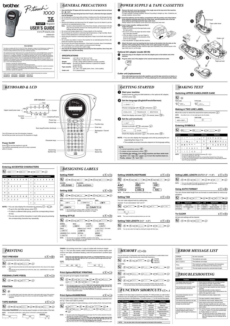 Brother PT 1000 - P-Touch 1000 B/W Thermal Transfer... user guide