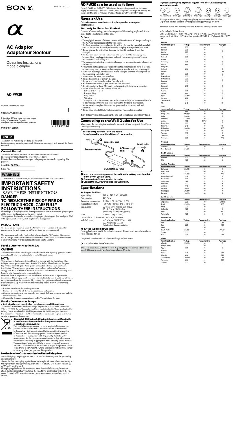 Sony AC-PW20 operating instructions
