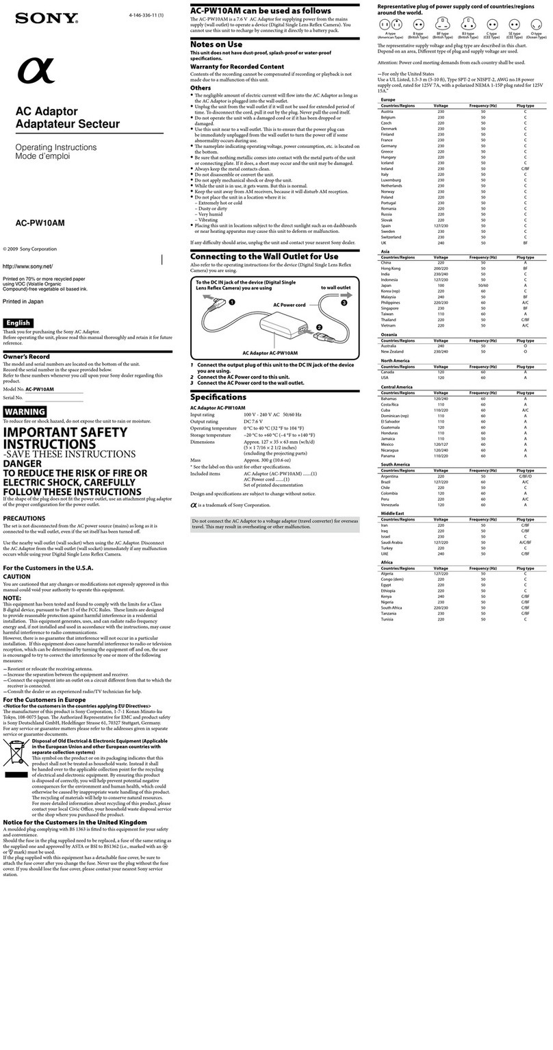 Sony AC-PW10AM operating instructions