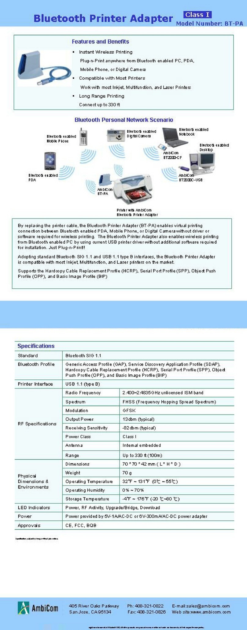AmbiCom BT-PA Specifications