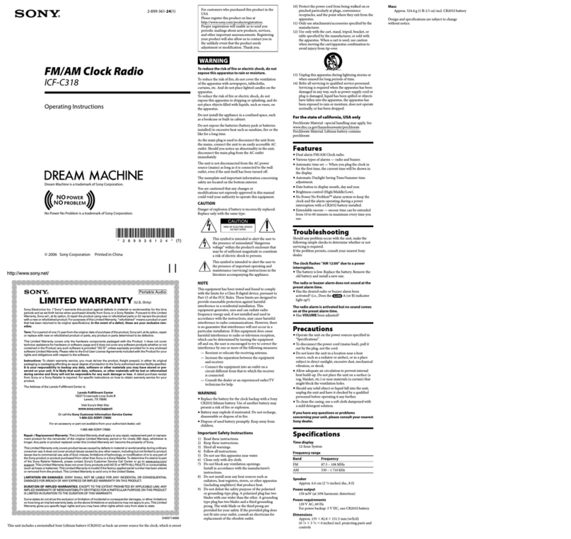 Sony DREAM MACHINE ICF-C318 operating instructions