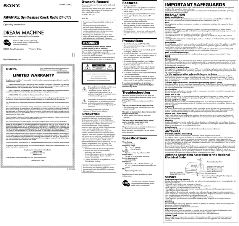 Sony Dream Machine ICF-C773 operating instructions