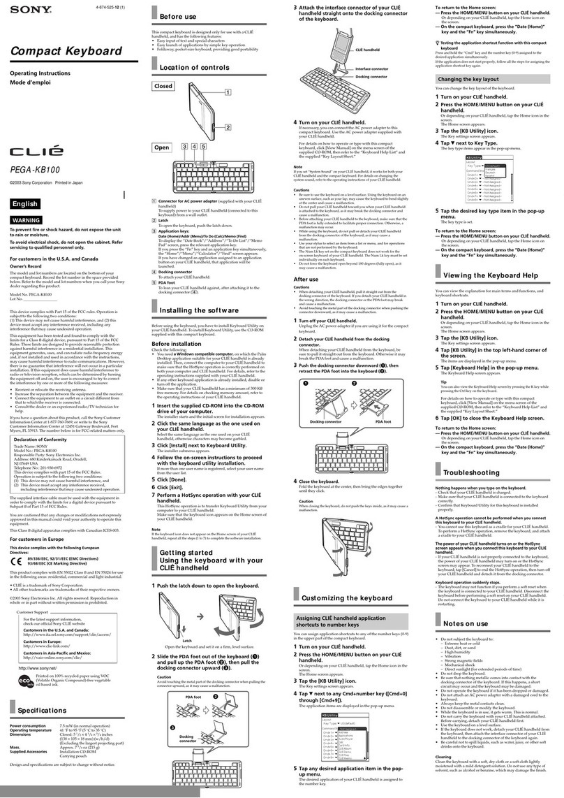 Sony PEGA-KB100 - Compact Keyboard operating instructions