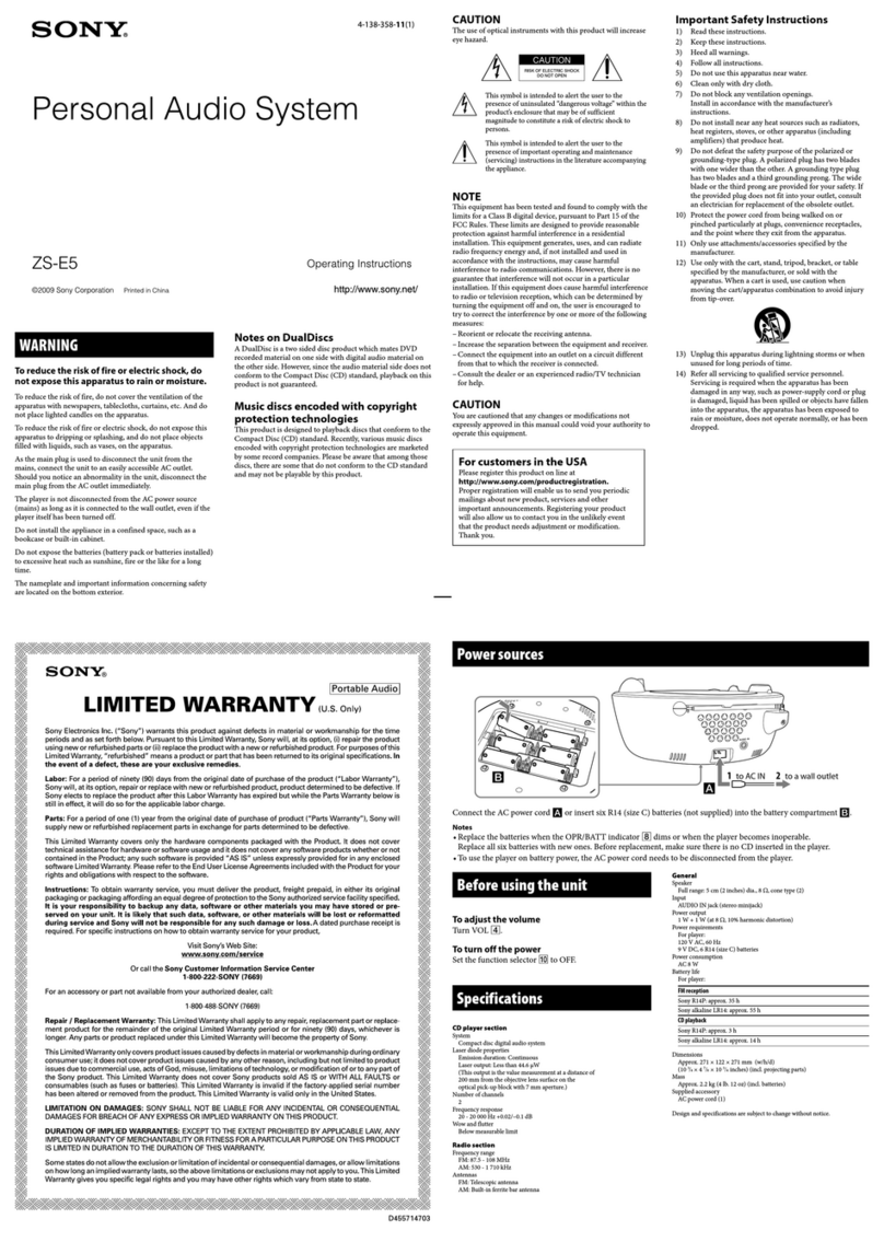 Sony ZS-E5 Marketing Specifications (Aqua) operating instructions