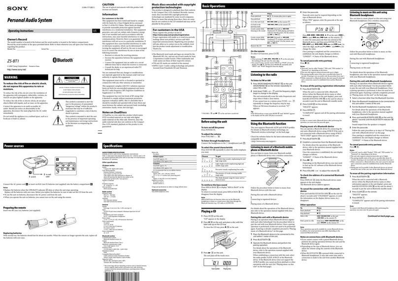 Sony ZS-BT1 - Boombox With Bluetooth Technology User manual