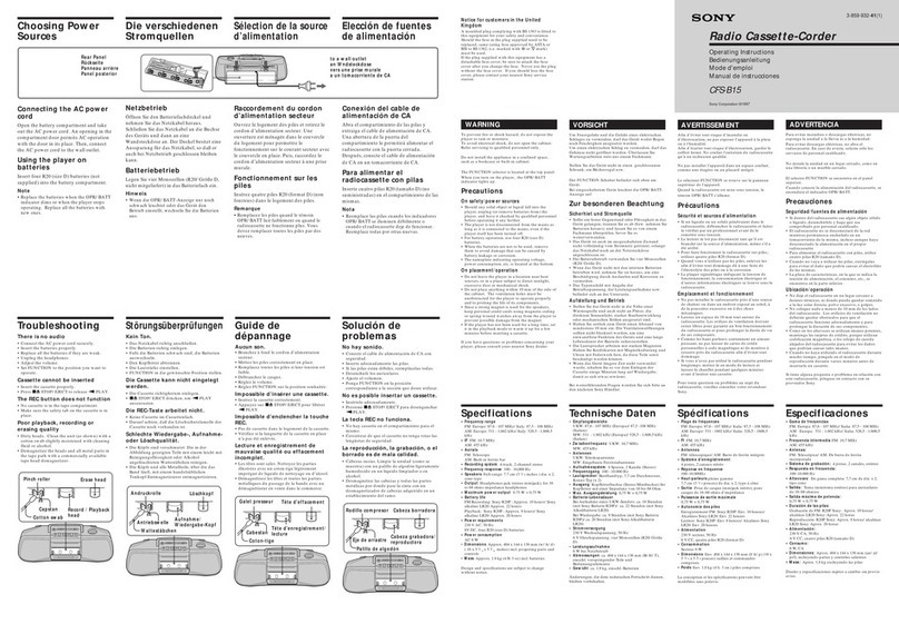Sony CFS-B15 - Am/fm Stereo Cassette Recorder operating instructions