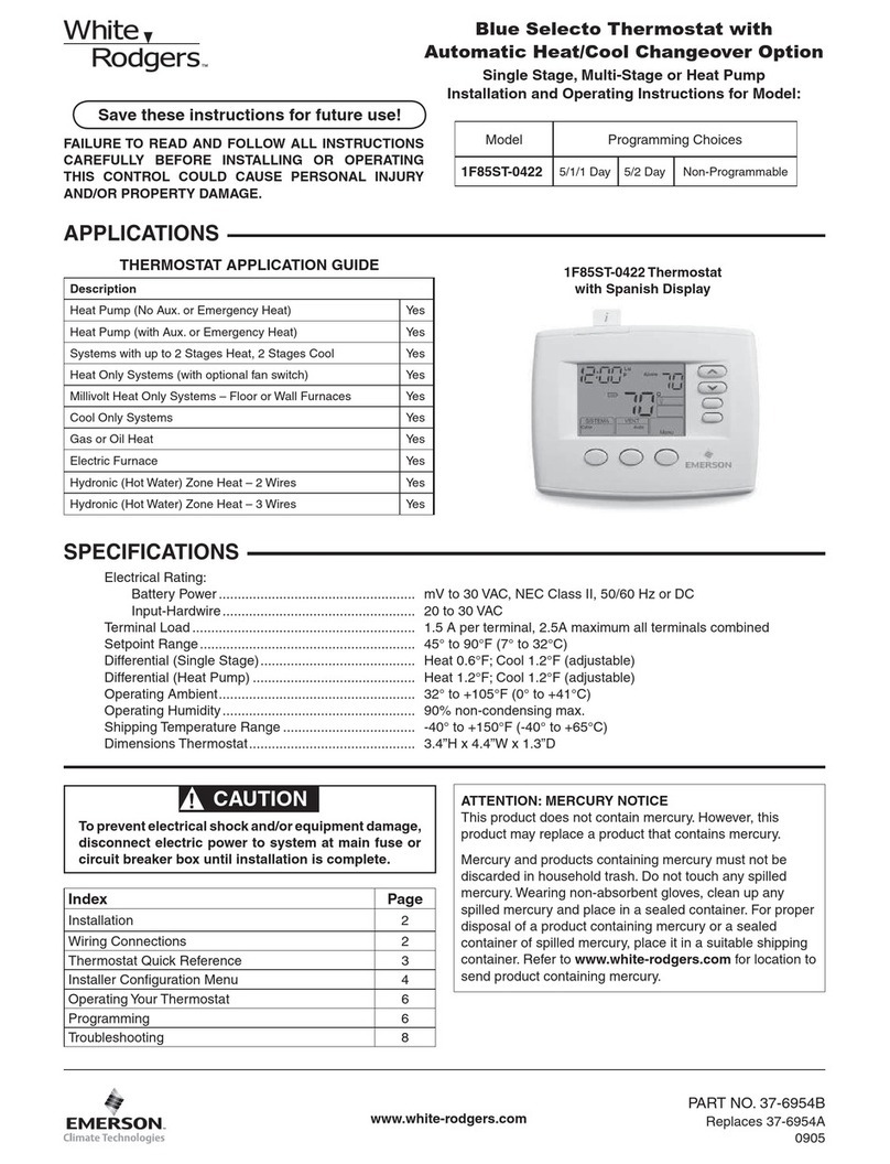 White Rodgers 1F85ST-0422 Installation and operating instructions