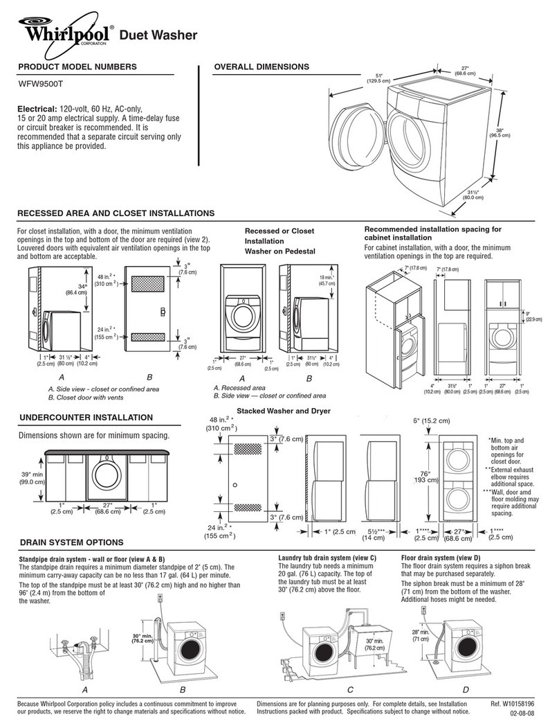 Whirlpool Duet WFW9500T Dimensions and installation information