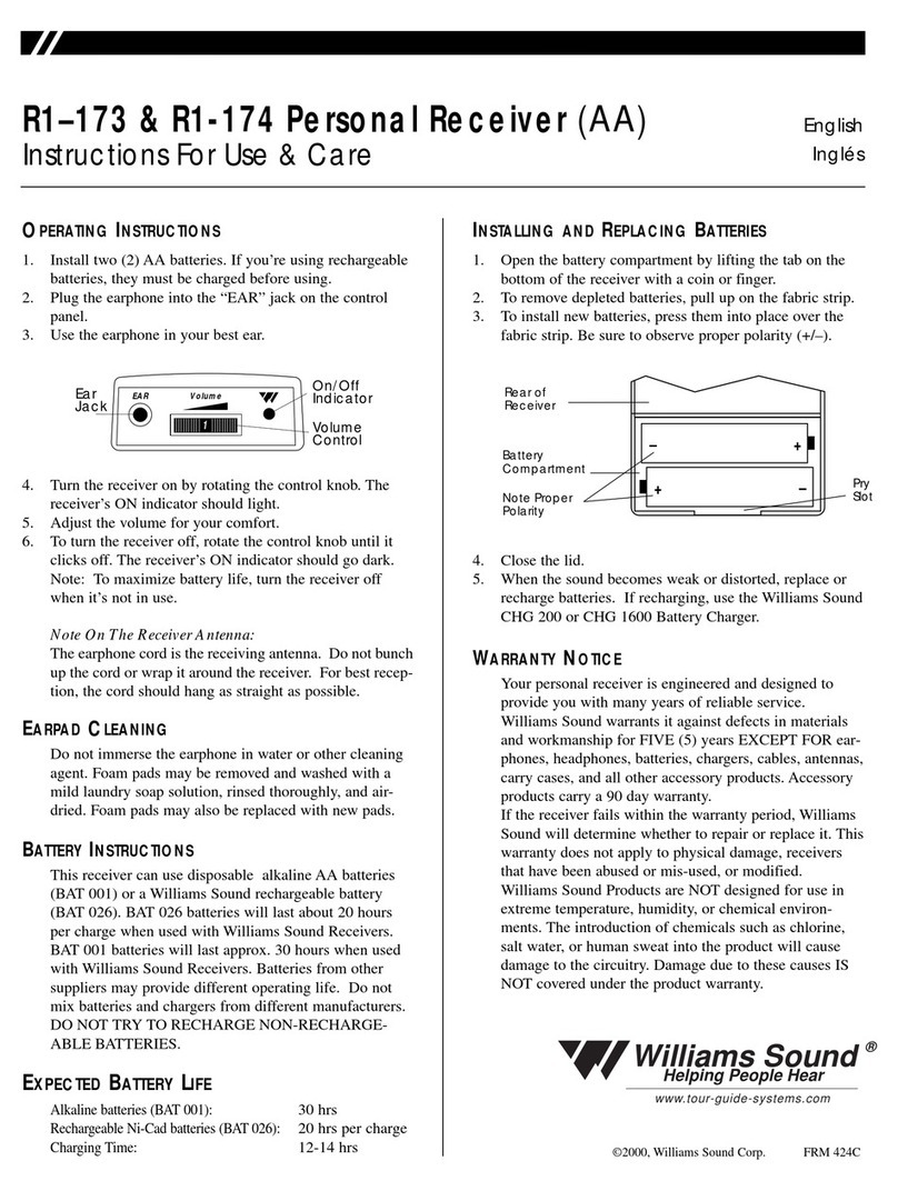Williams Sound Personal Receiver R1-173 Instructions for use and care