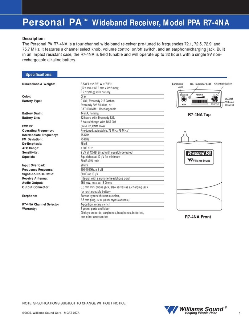 Williams Sound Personal PA Wideband Receiver PPA R7-4NA Specification sheet