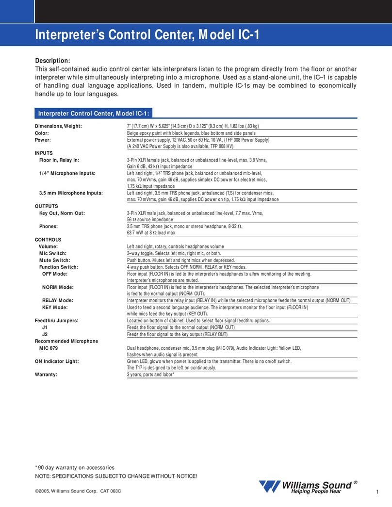 Williams Sound Interpreter's Control Center IC-1 Specification sheet