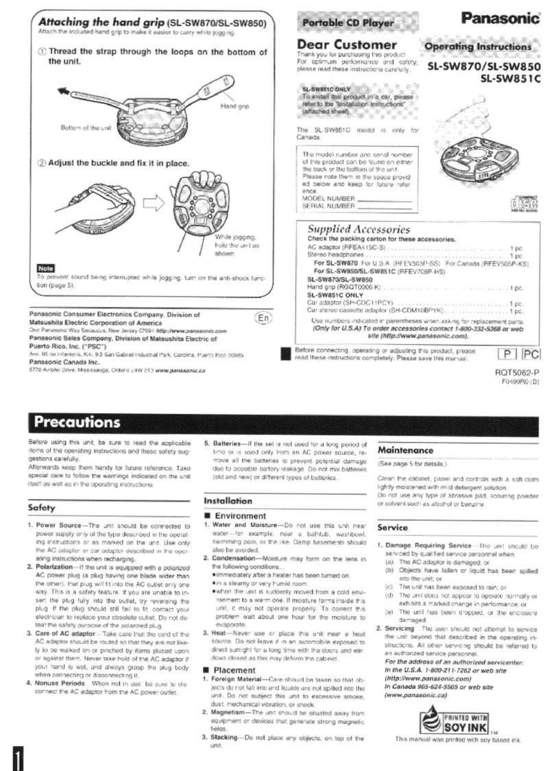Panasonic SLSW850 - PORT. CD PLAYER operating instructions