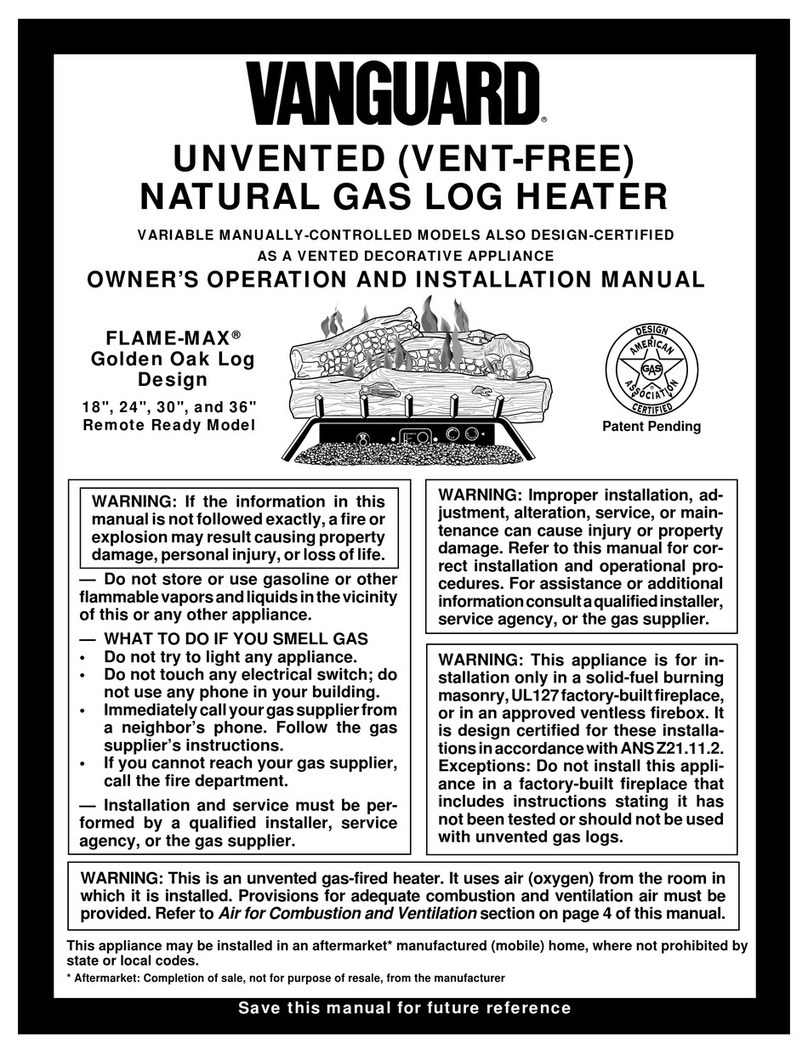 Vanguard UNVENTED (VENT-FREE) NATURAL GAS LOG HEATER Specification sheet Vanguard UNVENTED (VENT-FREE) NATURAL GAS LOG HEATER Specification sheet