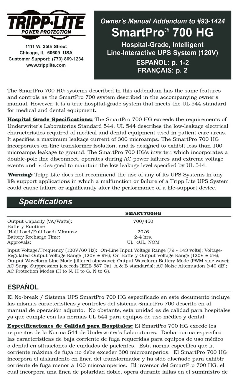 Tripp Lite SmartPro 700 HG Owner's manual addendum